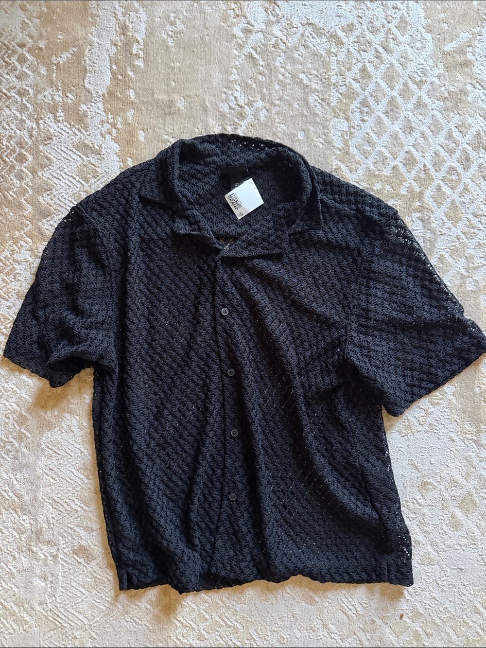 H&M Black Short-Sleeve Textured Button-Down Shirt